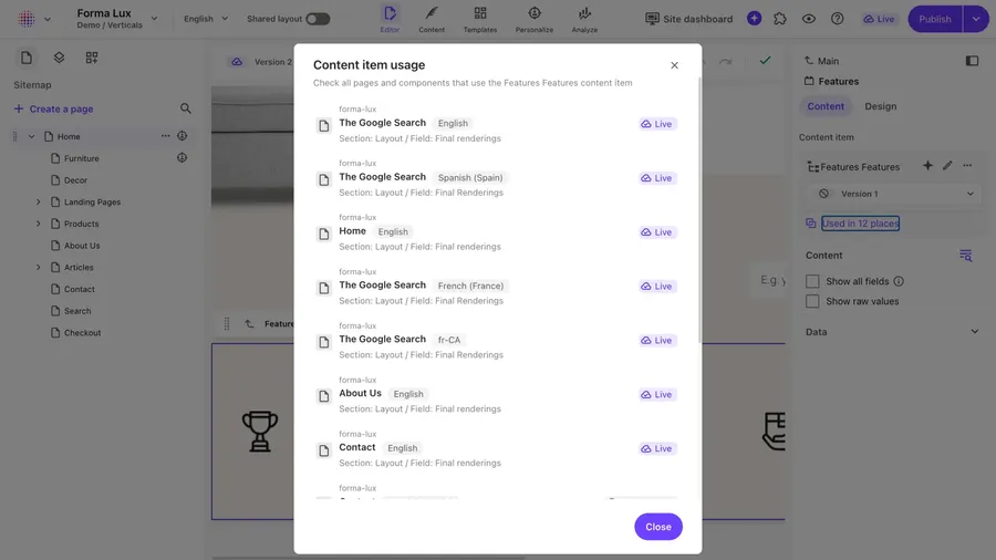 Example of SitecoreAI for a use case around managing websites showing data sources