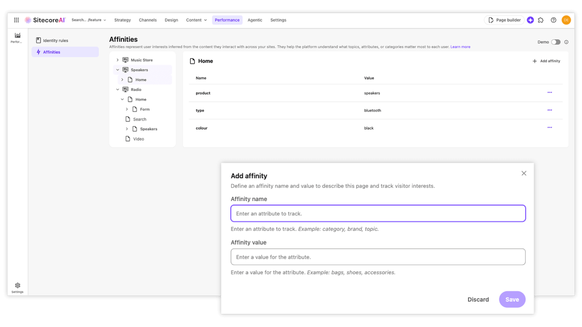 SitecoreAI audience and insights affinities engage