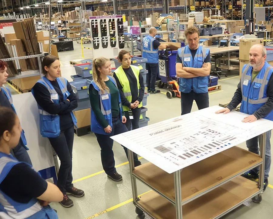 People gathered in a wearhouse and having a meeting