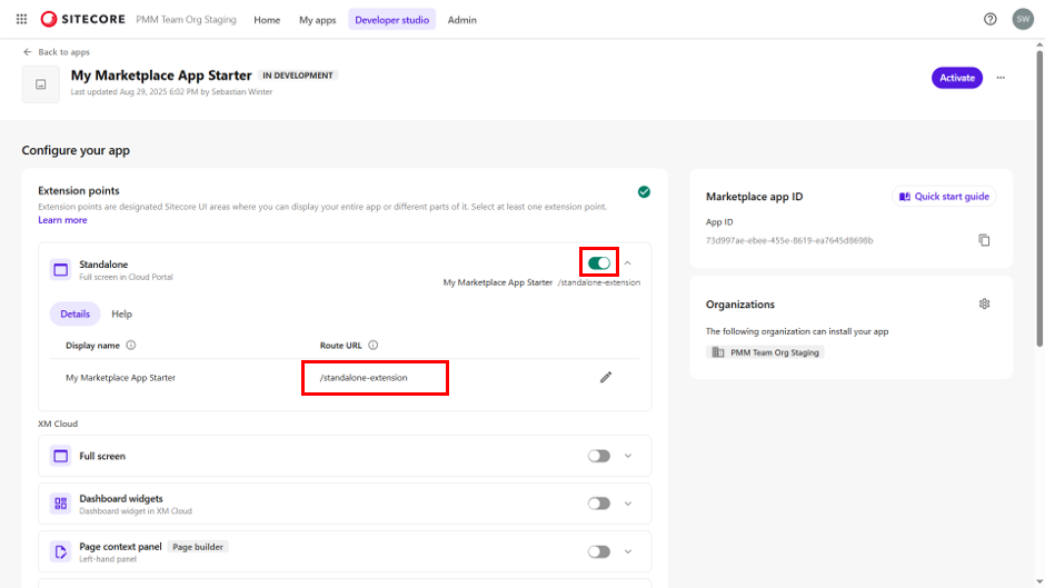 Sitecore Marketplace - Configure App - select extension point and set route