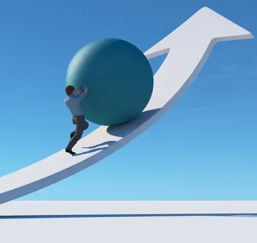 3D surreal image of a man pushing a sphere up on an arrow