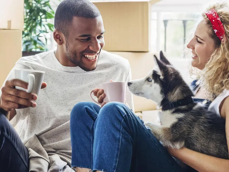 A couple sitting laughing with a dog