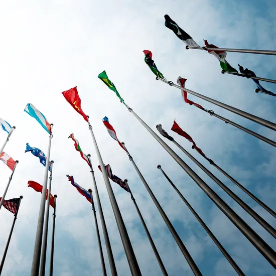 International flags seen from below