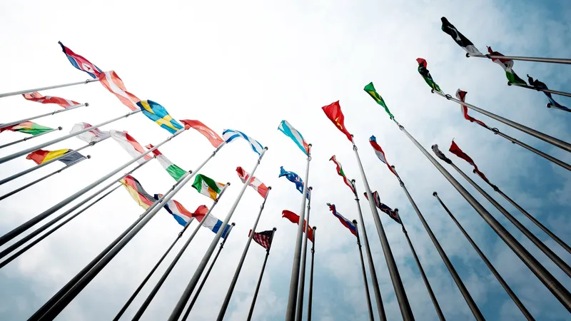 International flags seen from below
