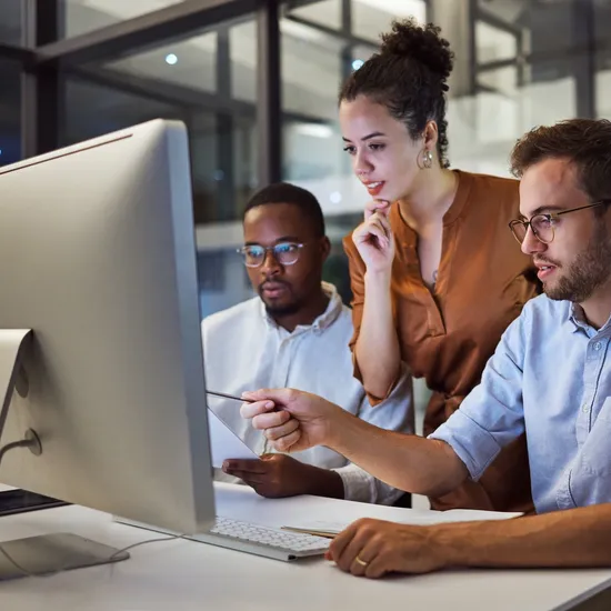 Collaboration, teamwork and meeting at desk for creative vision, innovation or idea