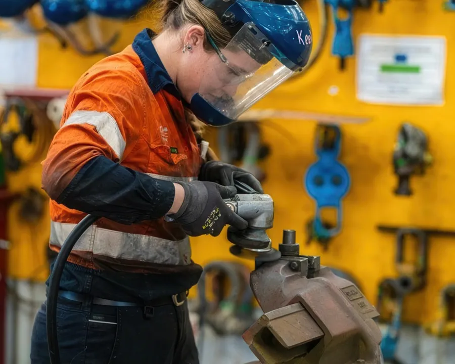 a woman in protective clothing and a machine in her hand is repairing a component