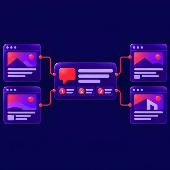 Illustration of connected digital content assets feeding into a central AI system, representing AI visibility and content discoverability.