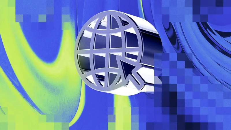 Abstract 3D illustration of a globe and cursor representing AI search and online discovery.