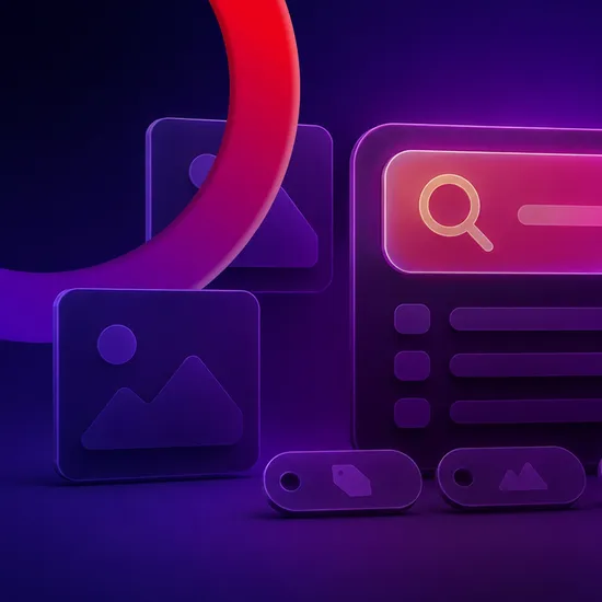 Person holding and using a laptop computer against an abstract purple and blue gradient background with curved red and purple graphic shapes.