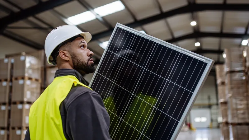 Handsome,Worker,Carrying,Solar,Panel,In,Warehouse,,Factory.,Solar,Panel