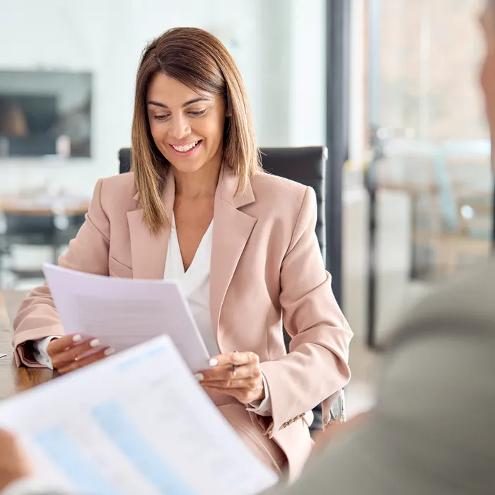 Happy,Middle,Aged,Business,Woman,Account,Manager,Discussing,Documents,Financial