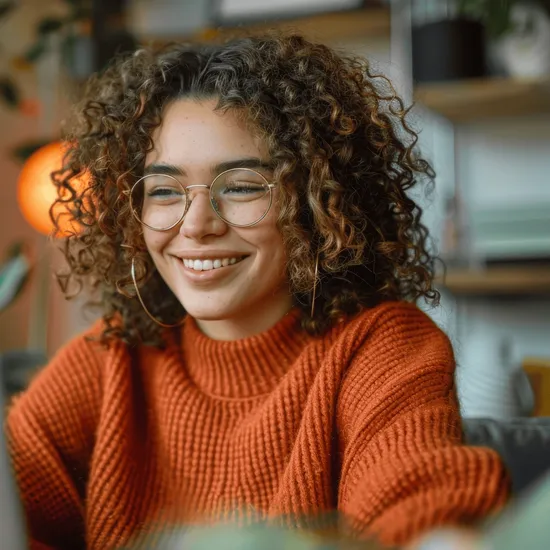 Lady in orange shirt works on computer 
