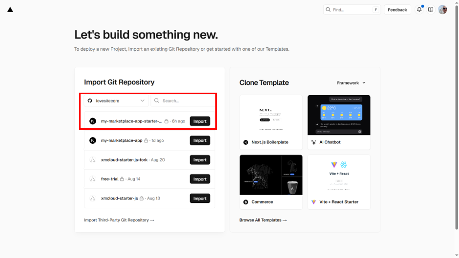 In Vercel, import Git repository