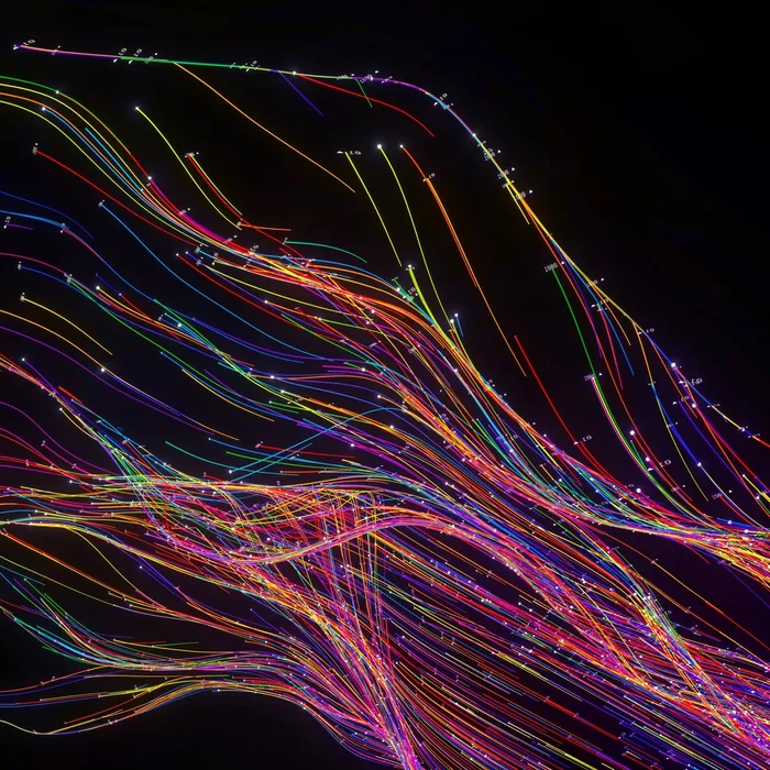 Digital generated image of abstract flowing data made out of numbers and glowing turbulent multi coloured splines on black background.