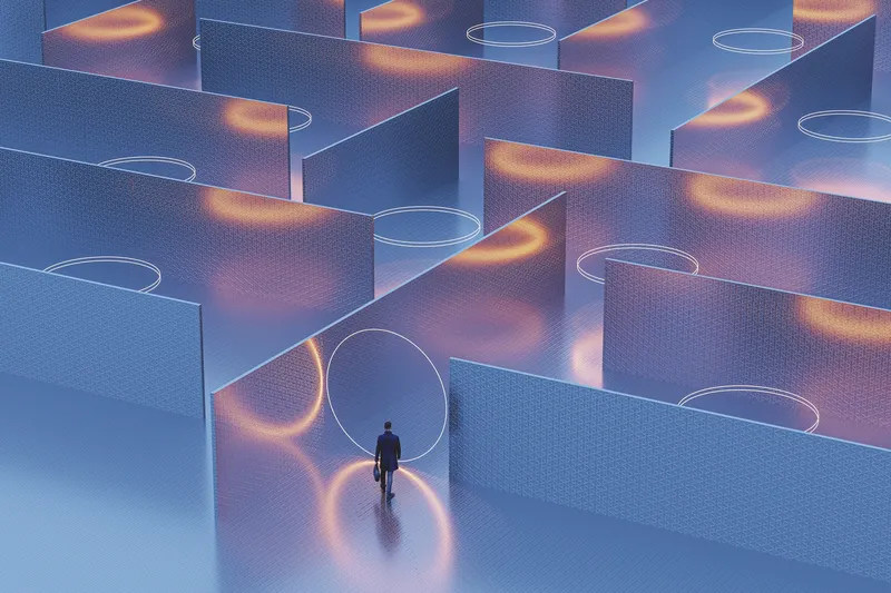 Businessman walking into mysterious maze, 3D generated image.