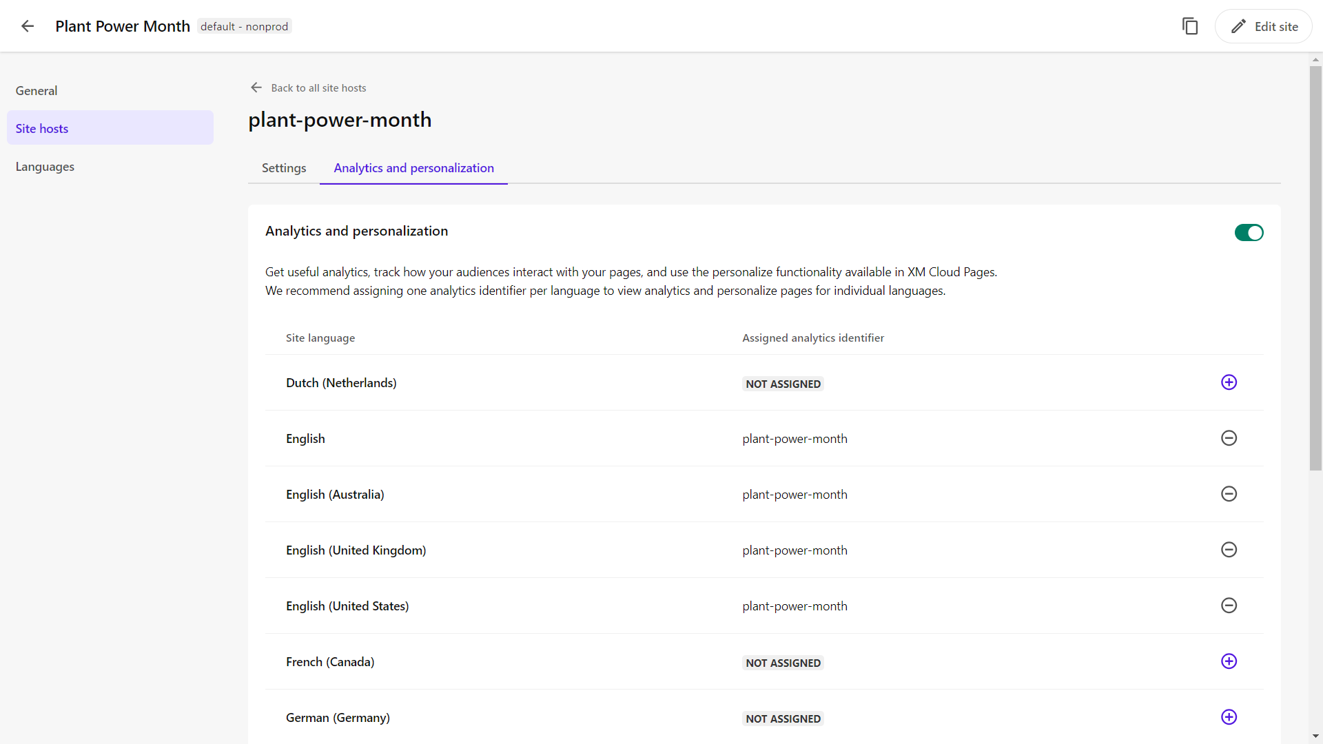 Site Settings - Analytics and Personalization